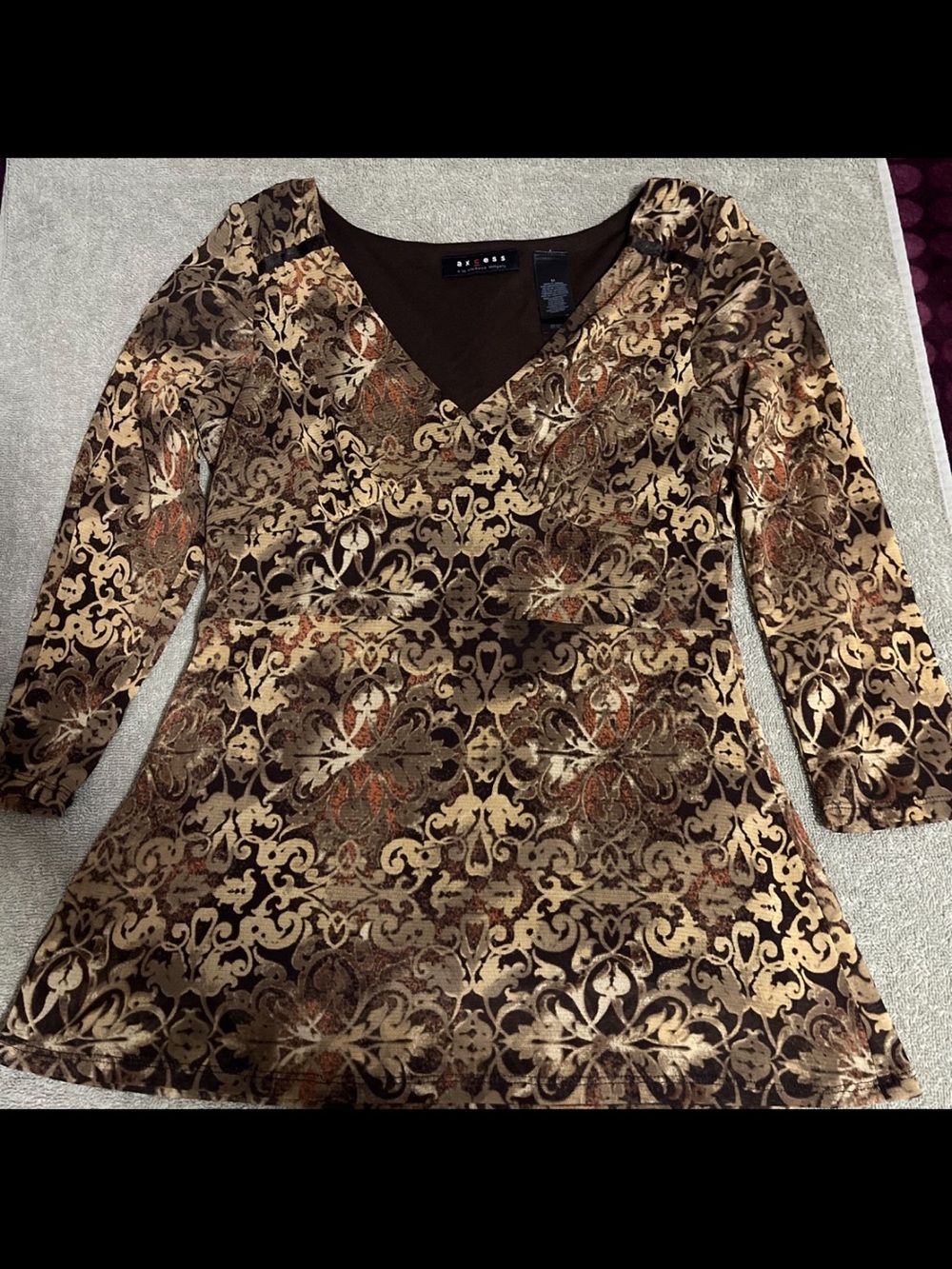 Axcess Brown and Tan Velvet Burnout V-Neck Tunic